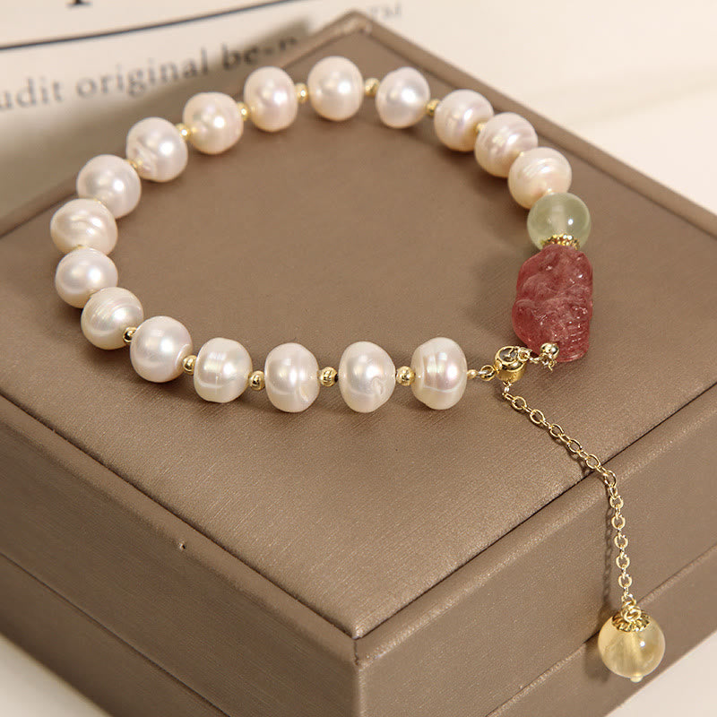 Fortune Jewel Natural Pearl Strawberry Quartz PiXiu Optimism Charm Bracelet