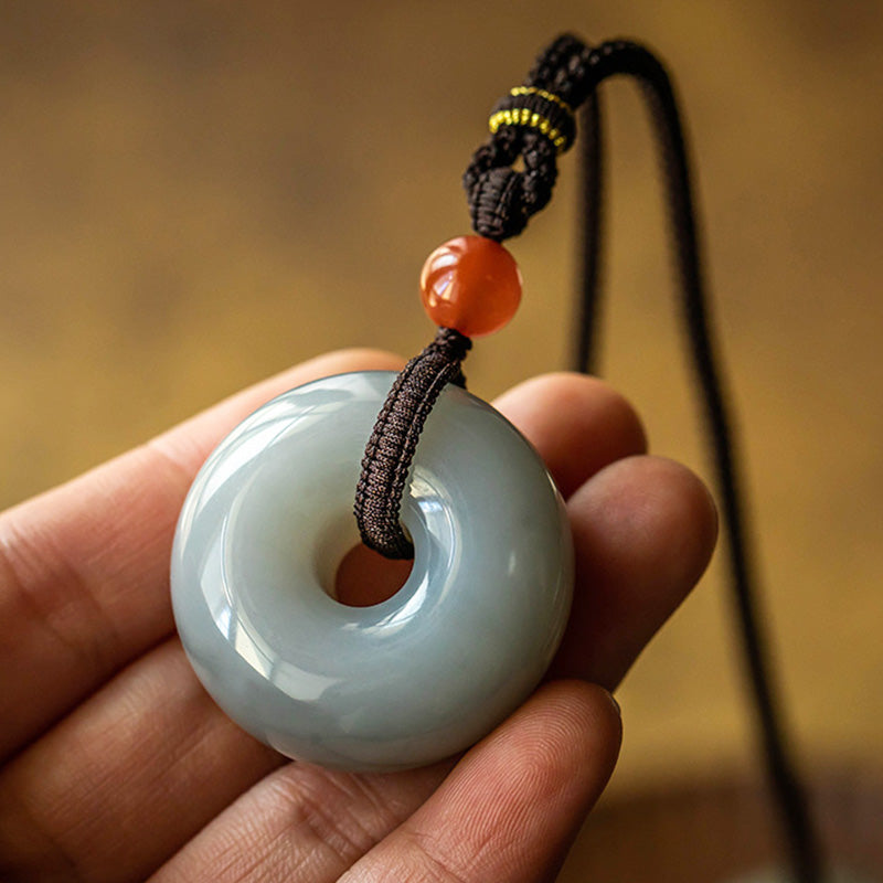 Fortune Jewel Natural Round Jade Gray Jade Peace Buckle Luck Necklace Pendant