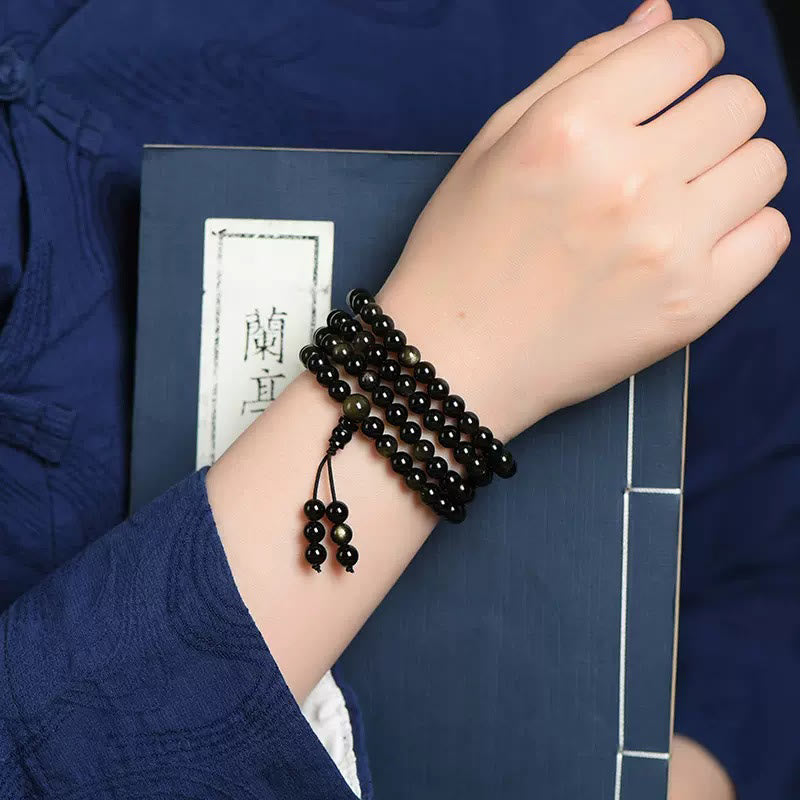 Fortune Jewel 108 Mala Beads Natural Gold Sheen Obsidian Wealth Bracelet