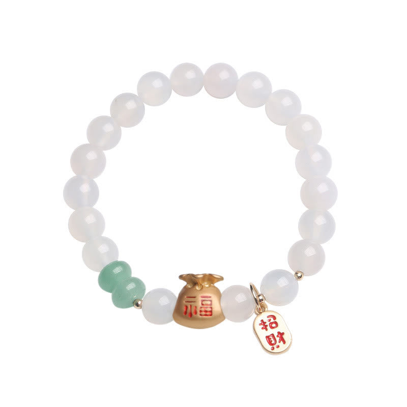 Fortune Jewel Natural White Agate Red Agate Money Bag Fu Character Four Leaf Clover Protection Bracelet