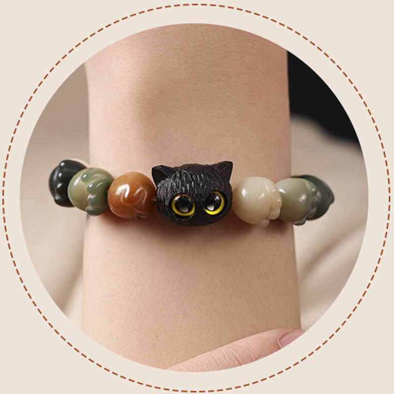 Fortune Jewel Natural Bodhi Seed Lovely Paw Ebony Wood Lucky Cat Wisdom Bracelet