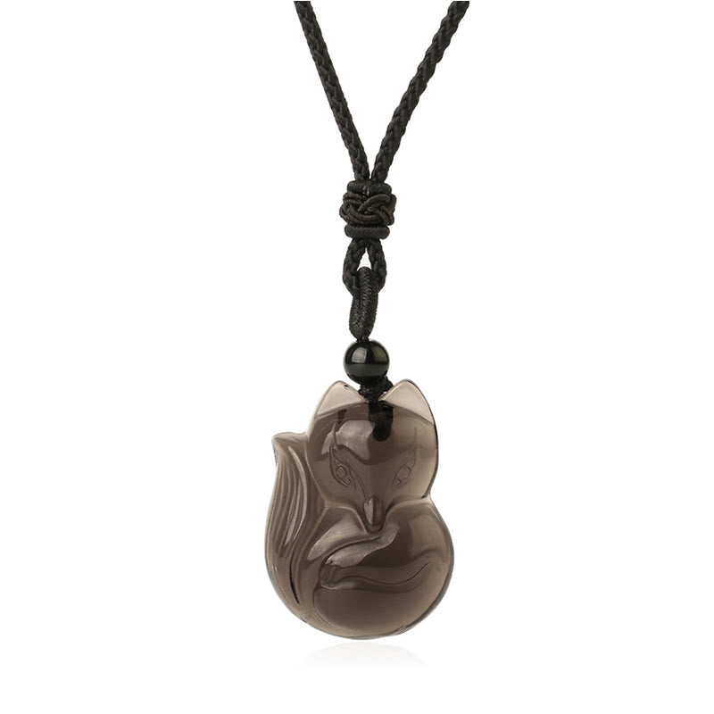 Fortune Jewel Natural Black Obsidian Tiger Eye Ice Obsidian Fox Pendant Amulet Necklace