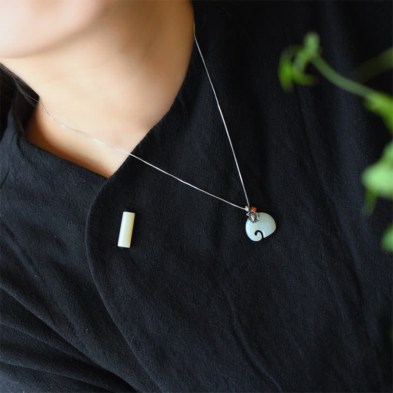 Fortune Jewel White Jade Elephant Lotus Protection Necklace Pendant Fortune Jewel