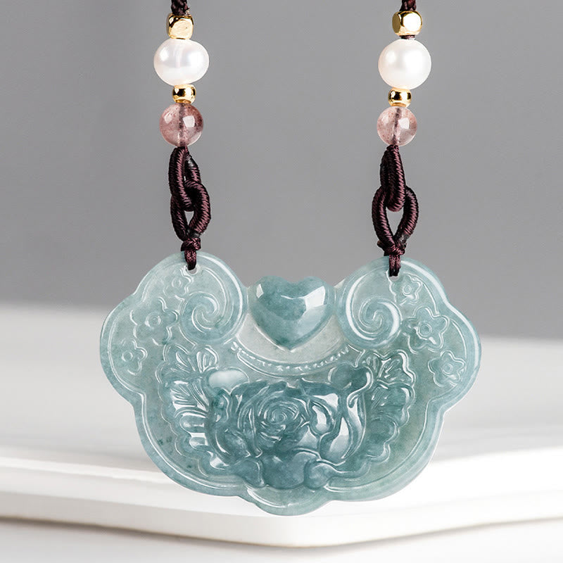 Fortune Jewel Natural Jade Peony Flower Lock of Good Wishes Prosperity Necklace Pendant