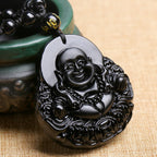 Fortune Jewel Laughing Buddha Black Obsidian Strength Protection Pendant Necklace