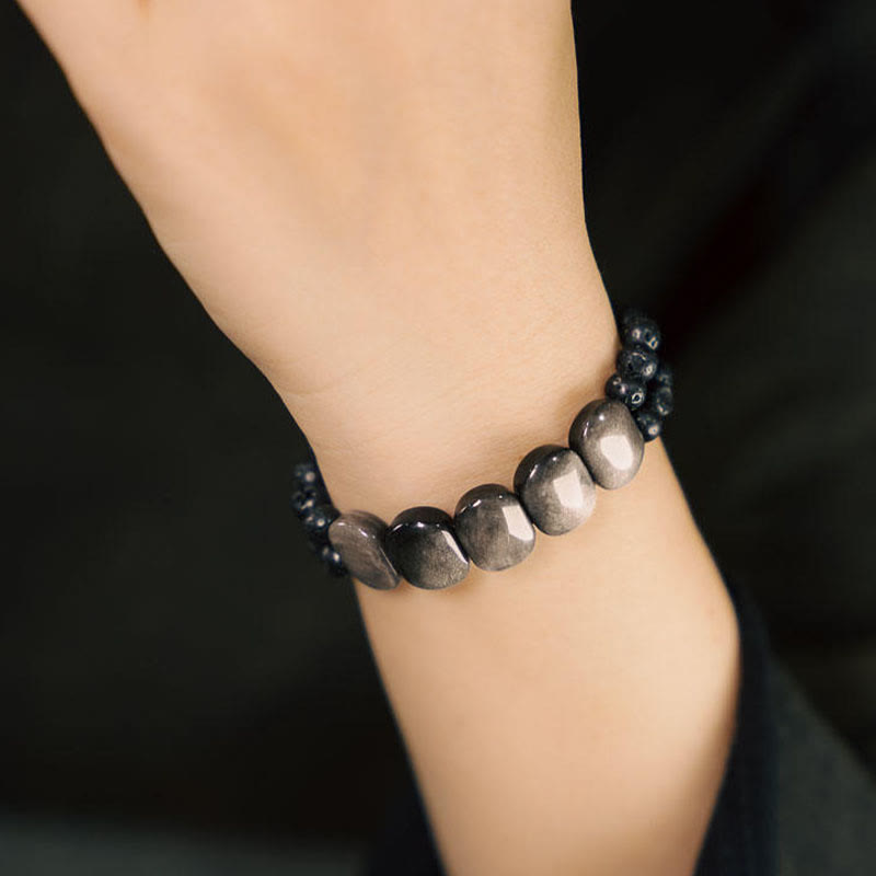 Fortune Jewel Natural Silver Sheen Obsidian Lava Rock Communication Bracelet