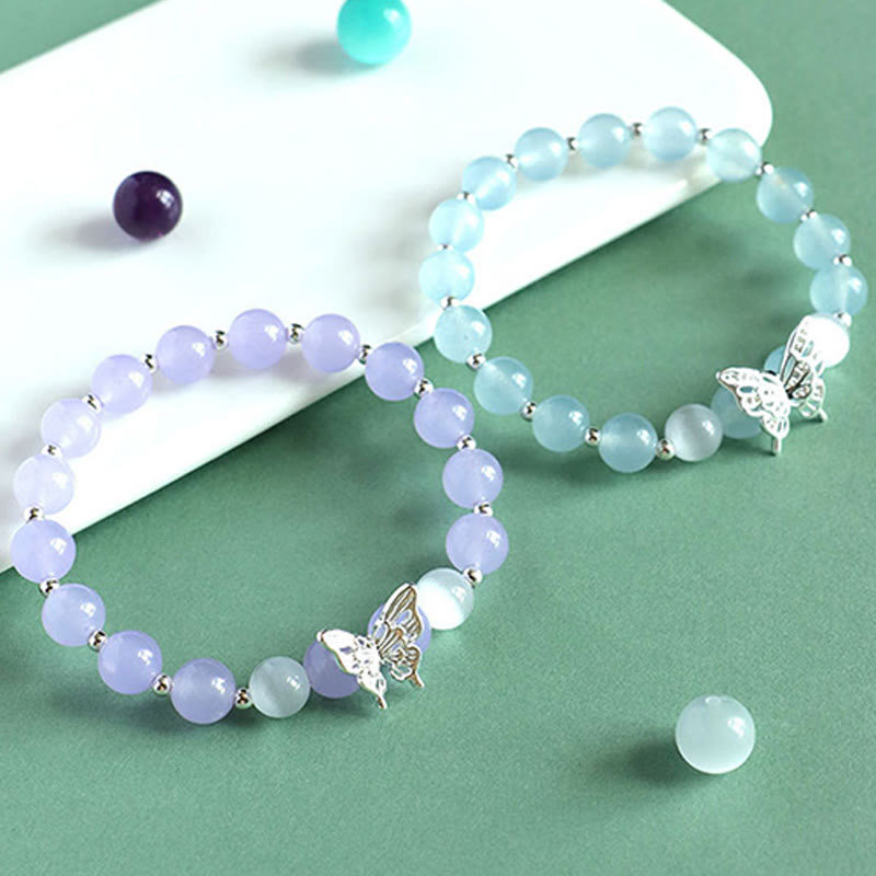 Fortune Jewel Blue Chalcedony Pink Crystal Purple Chalcedony Butterfly Energy Bracelet