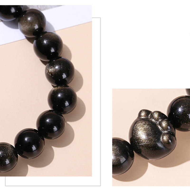 Fortune Jewel Natural Gold Sheen Obsidian Silver Sheen Obsidian Cute Cat Paw Claw Wealth Bracelet
