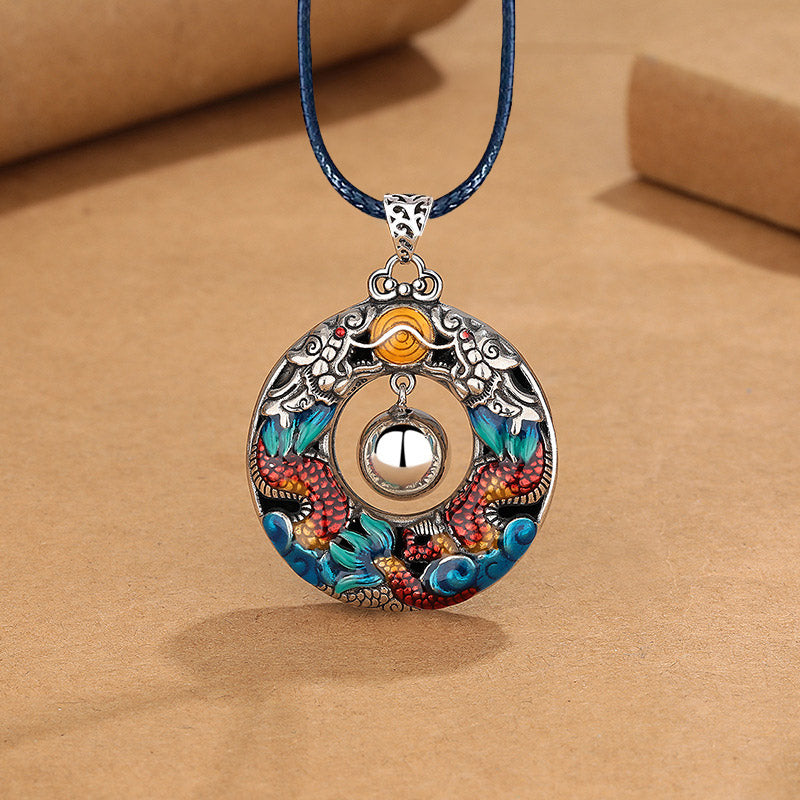 Fortune Jewel Year of the Dragon Colorful Double Dragons Playing Bead Copper Protection Necklace Pendant
