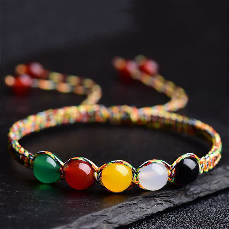 Fortune Jewel Colorful Agate Metal Wood Water Fire Earth Five Elements String Bracelet