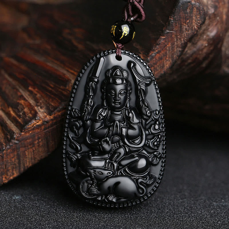 Fortune Jewel Chinese Zodiac Natal Buddha Natural Black Obsidian Purification Necklace Pendant