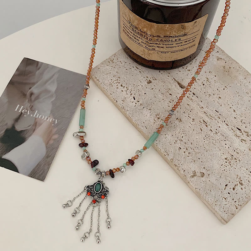 Fortune Jewel Tibetan Crystal Stone Copper Luck Tassel Necklace Pendant