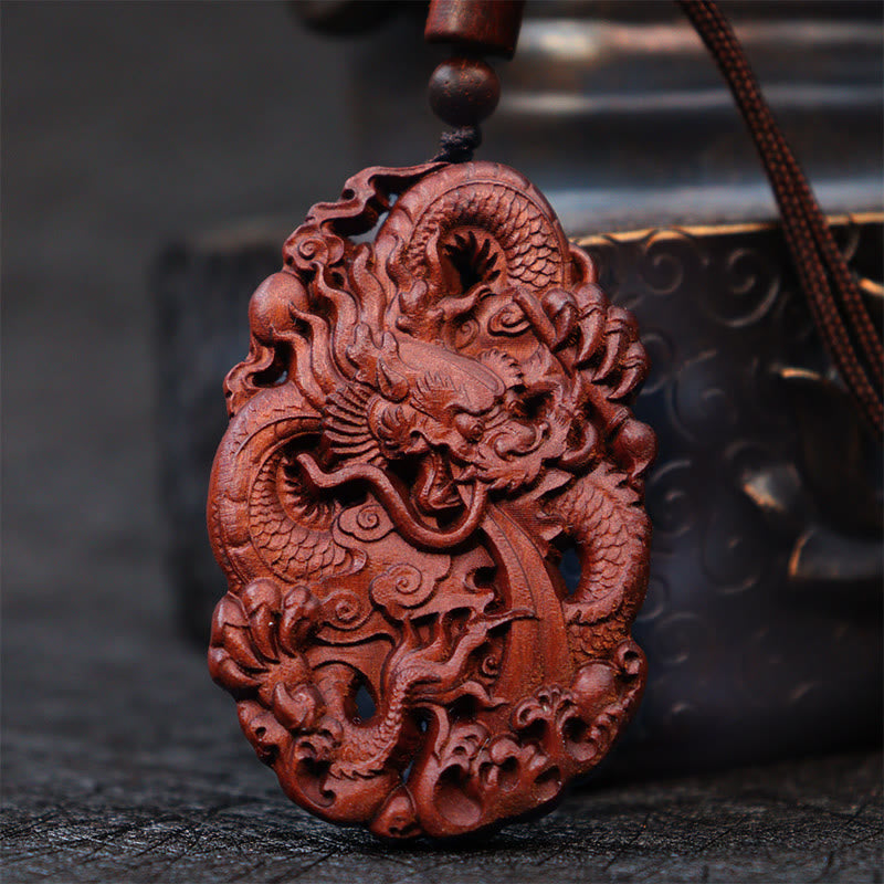 Fortune Jewel Lightning Struck Jujube Wood Double Dragon Relief Ward Off Evil Spirits Necklace Pendant