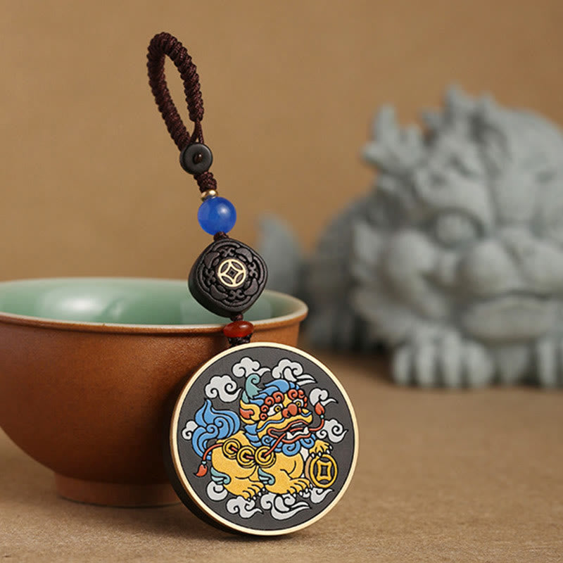 Fortune Jewel PiXiu Copper Coin Ebony Wood Luck Attract Wealth Key Chain Decoration
