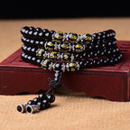 Fortune Jewel Black Obsidian Six True Words Protection Mala Bracelet