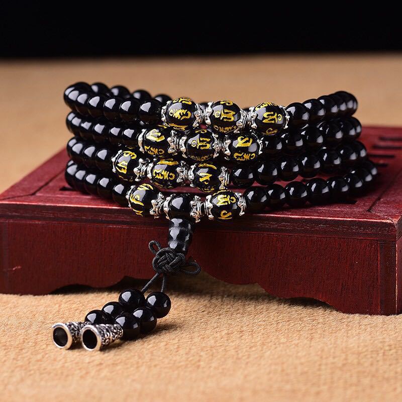 Fortune Jewel Black Obsidian Six True Words Protection Mala Bracelet