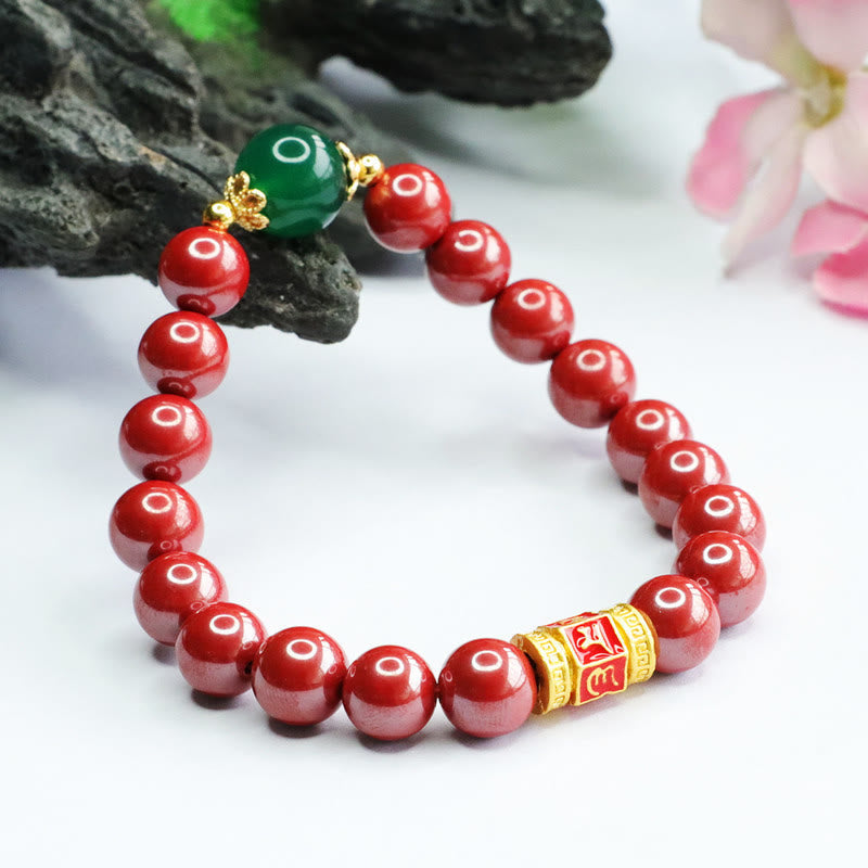 Fortune Jewel Natural Cinnabar Green Agate Om Mani Padme Hum Pattern Blessing Bracelet