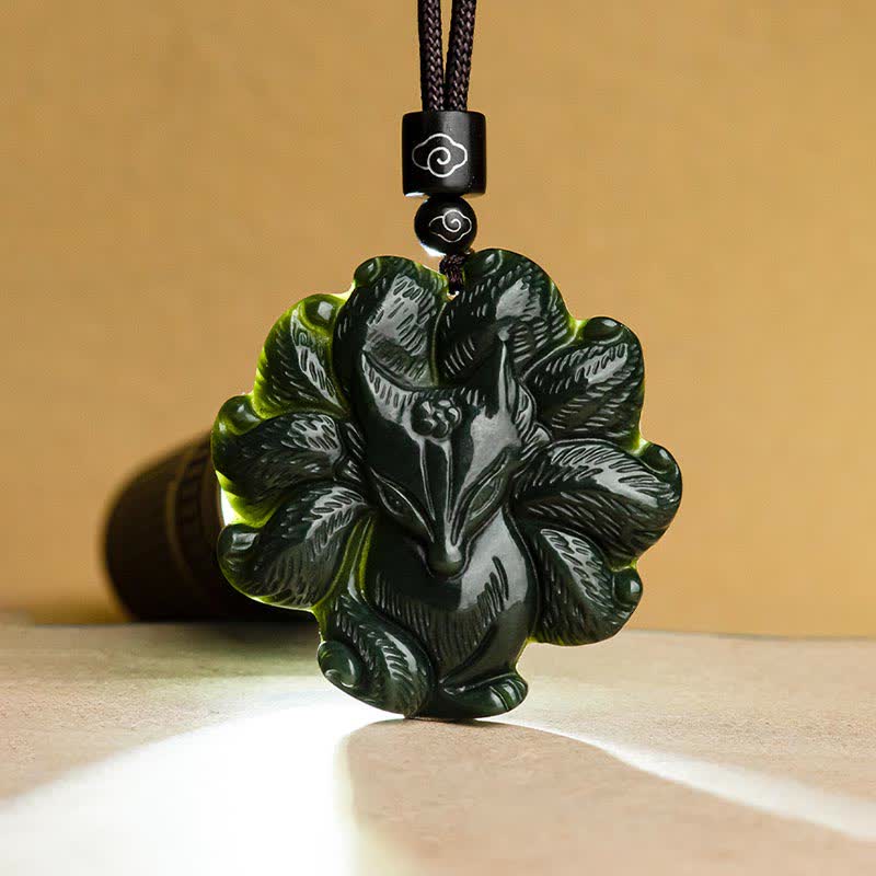 Fortune Jewel Hetian Cyan Jade Nine Tailed Fox Luck Necklace String Pendant