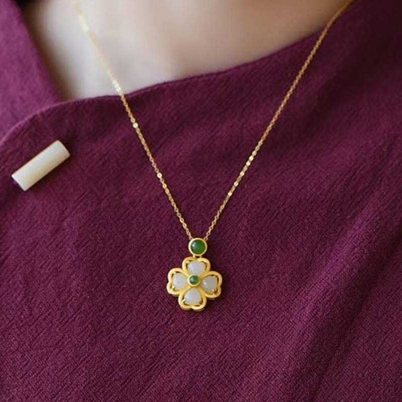 Fortune Jewel 925 Sterling Silver Lucky Four Leaf Clover Jade Prosperity Necklace Chain Pendant