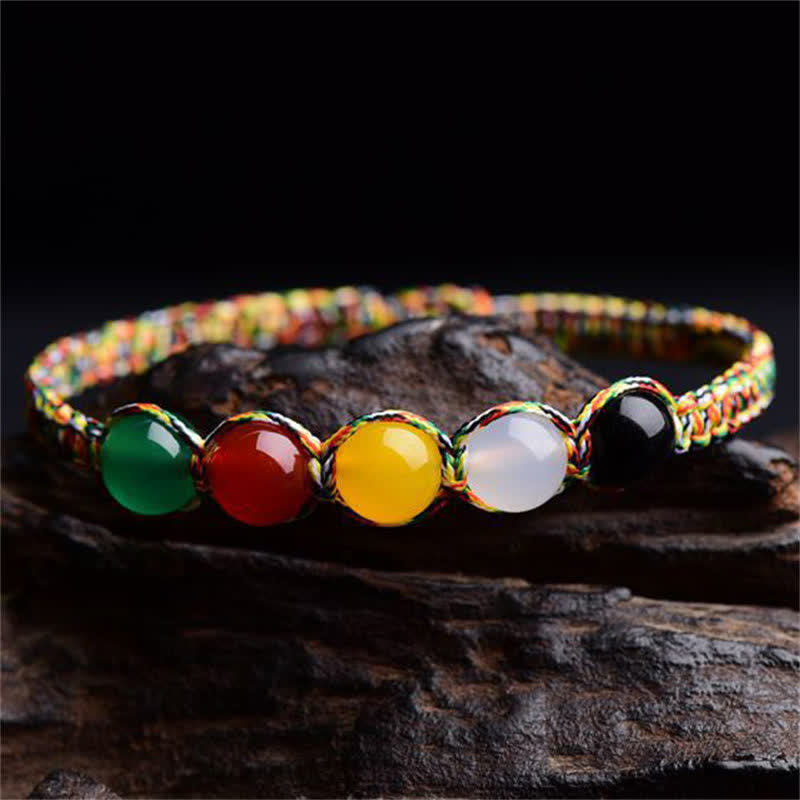 Fortune Jewel Colorful Agate Metal Wood Water Fire Earth Five Elements String Bracelet