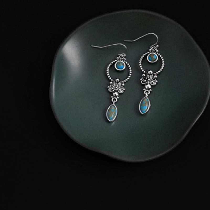 Fortune Jewel 925 Sterling Silver Vintage Turquoise Waterdrop Pattern Balance Drop Dangle Earrings