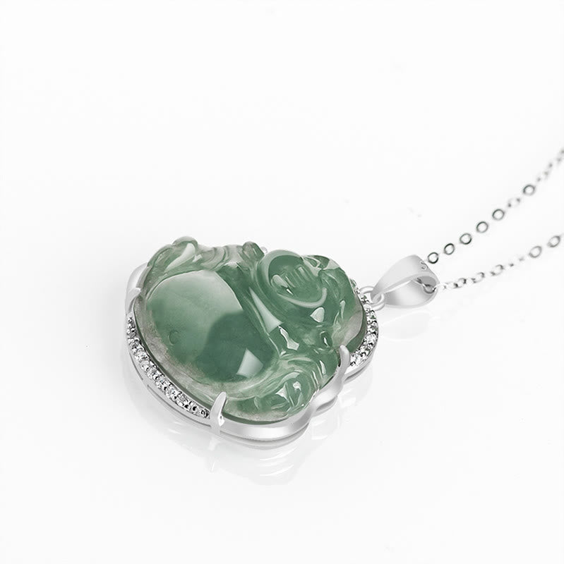 Fortune Jewel Laughing Buddha Natural Jade Luck Prosperity Necklace Titanium Steel Chain Pendant Fortune Jewel