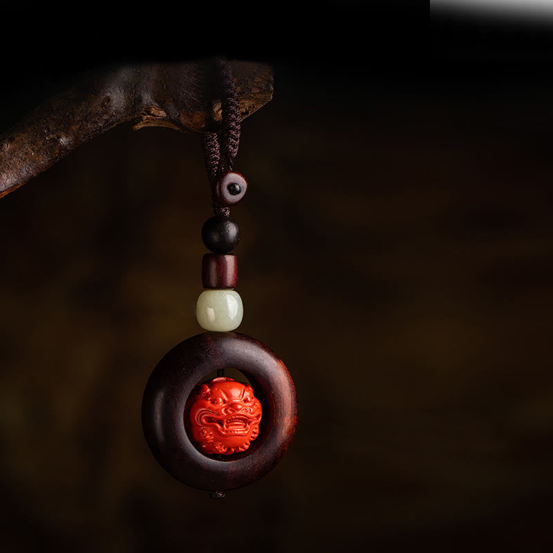Fortune Jewel Tibet Om Mani Padme Hum PiXiu Copper Coin Small Leaf Red Sandalwood Cinnabar Protection Key Chain