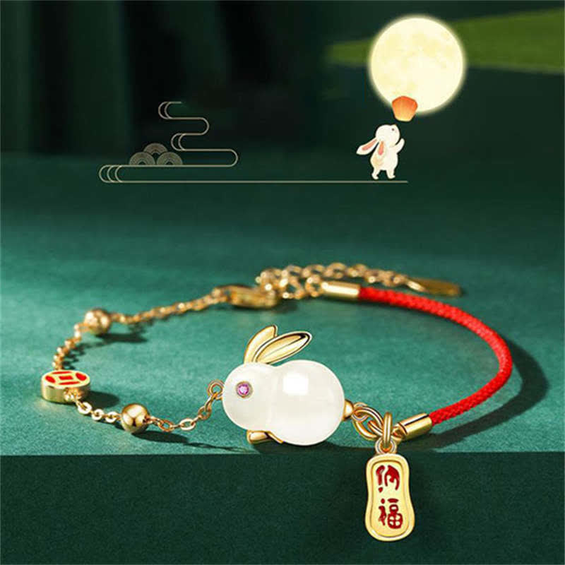 Fortune Jewel Year of the Rabbit White Jade Happiness Red String Chain Bracelet