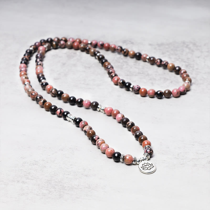 Fortune Jewel 108 Mala Beads Rhodonite Lotus Compassion Energy Bracelet
