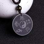 Fortune Jewel Natural Black Obsidian Taoism Five Sacred Mountains Nine-Character Mantra Carved Strength Yin Yang Necklace Pendant Key Chain