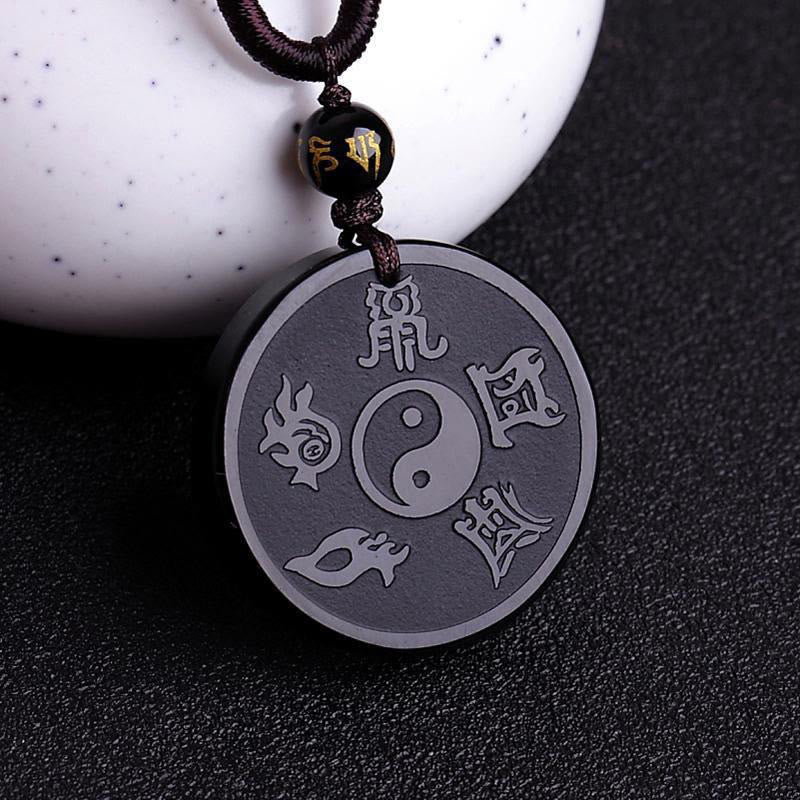 Fortune Jewel Natural Black Obsidian Taoism Five Sacred Mountains Nine-Character Mantra Carved Strength Yin Yang Necklace Pendant Key Chain