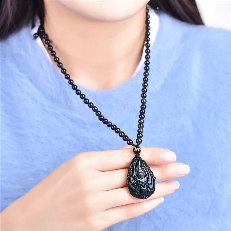 Fortune Jewel Natural Rainbow Obsidian Nine Tailed Fox Inner Peace Necklace Beaded String Pendant