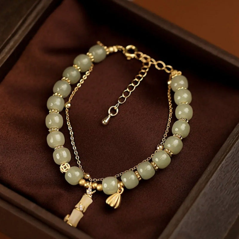 Fortune Jewel Natural Hetian Jade Prosperity Lotus Bamboo Charm Bracelet