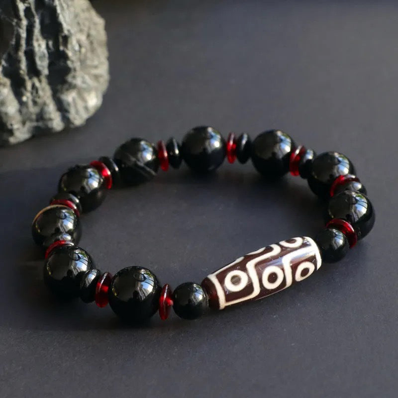 Fortune Jewel Black Onyx Nine-Eye Dzi Bead Wealth Protection Bracelet