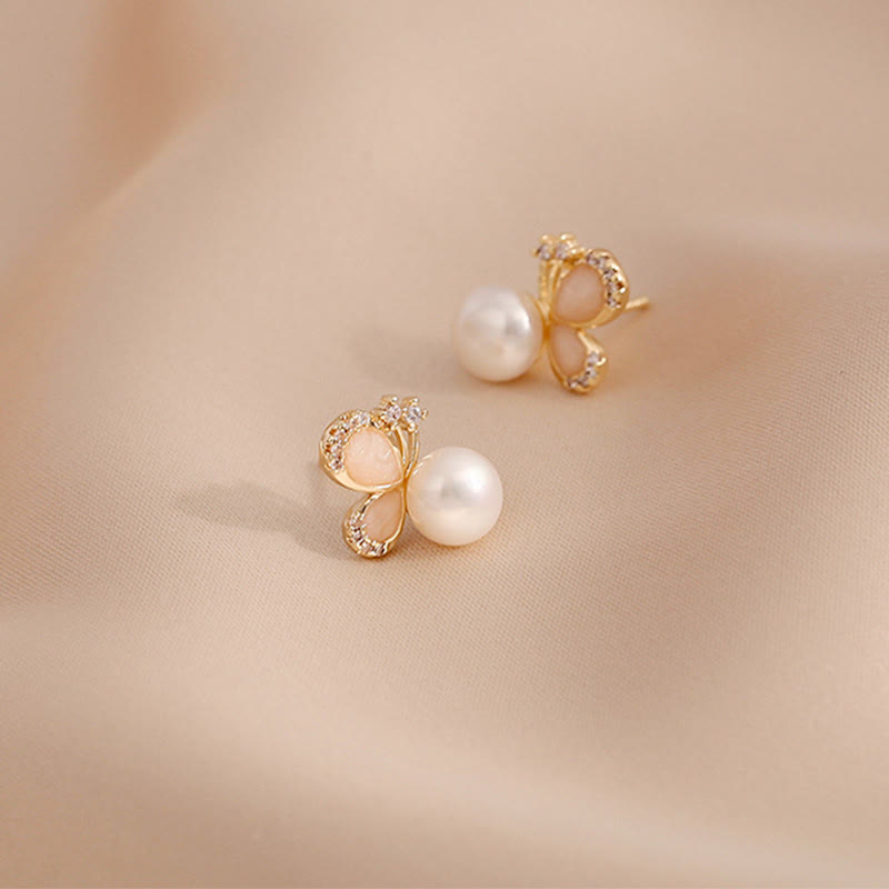 Fortune Jewel 18k Gold Plated Pearl Butterfly Love Freedom Stud Earrings
