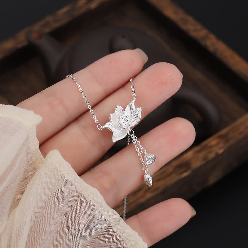 Fortune Jewel 999 Sterling Silver Lotus Flower Pod Carved Enlightenment Necklace Pendant Fortune Jewel