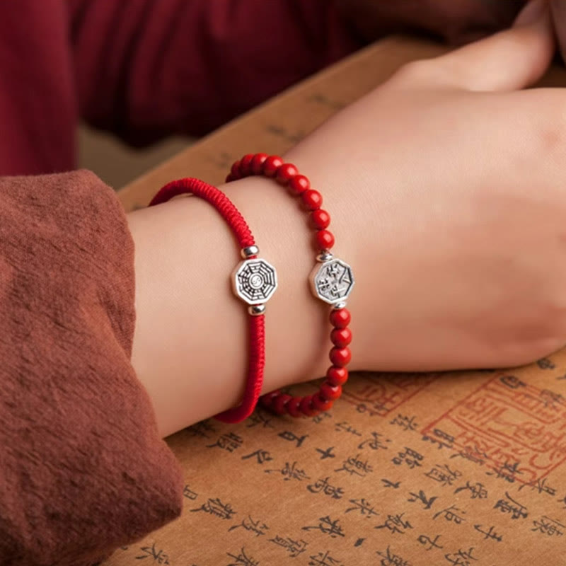Fortune Jewel 925 Sterling Silver Yin Yang Bagua Symbol Cinnabar String Concentration Bracelet