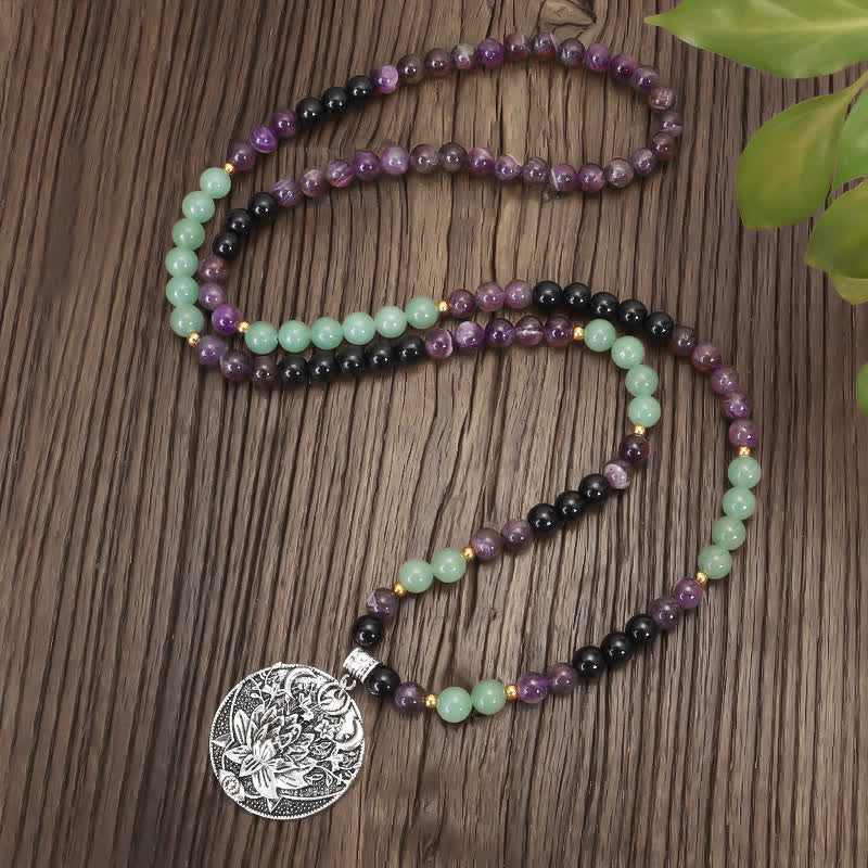 Fortune Jewel 108 Mala Beads Amethyst Green Aventurine Lotus Meditation Bracelet