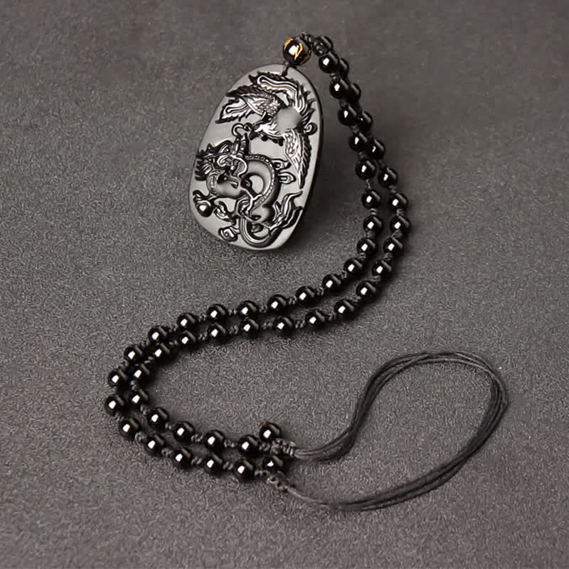 Fortune Jewel Black Obsidian Tiger Eye Dragon Phoenix Protection Beaded Necklace Pendant