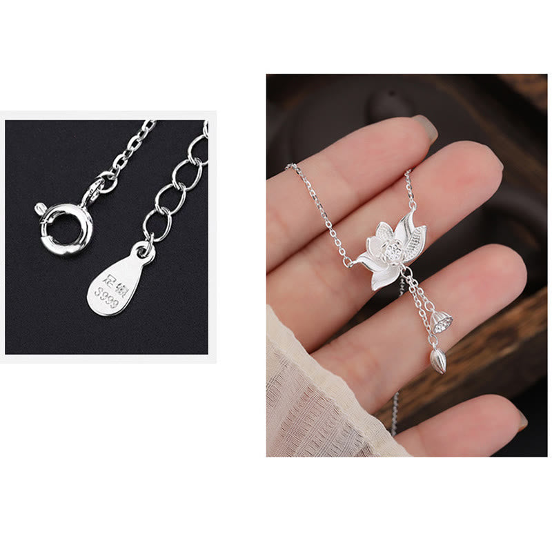 Fortune Jewel 999 Sterling Silver Lotus Flower Pod Carved Enlightenment Necklace Pendant Fortune Jewel