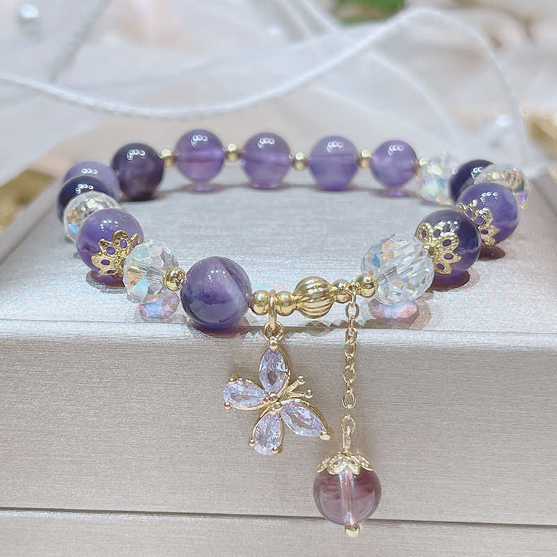 Fortune Jewel Natural Amethyst Crystal Spiritual Butterfly Charm Bracelet