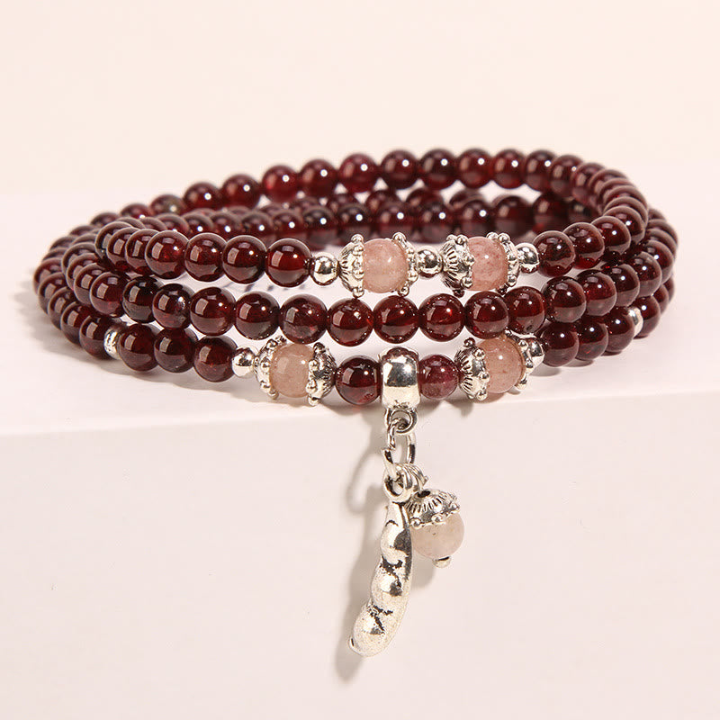 Fortune Jewel Natural Garnet Strawberry Quartz Green Beans PiXiu Protection Triple Wrap Bracelet