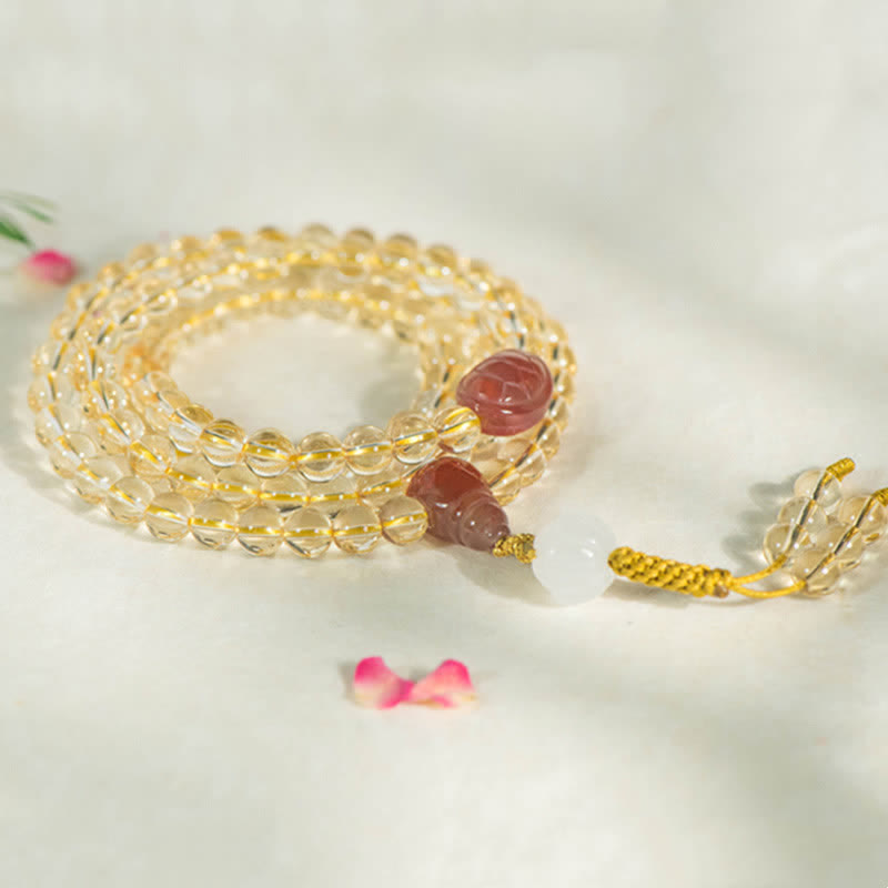 Fortune Jewel 108 Mala Beads 925 Sterling Silver Natural Citrine Red Agate White Jade Prosperity Charm Bracelet
