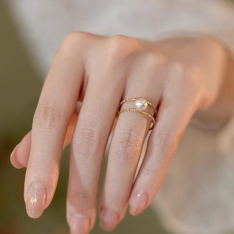 Fortune Jewel Round Jade Pearl Bead Double Layer Copper Luck Adjustable Ring