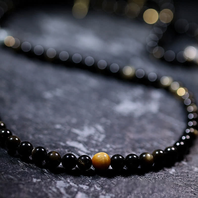Fortune Jewel 108 Mala Beads Gold Sheen Obsidian Tiger Eye Eagle's Eye Stone Wealth Bracelet