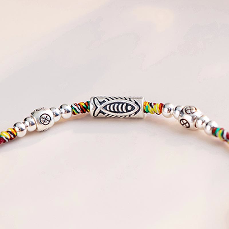 Fortune Jewel 925 Sterling Silver Luck Koi Fish Braided Colorful String Bracelet Anklet