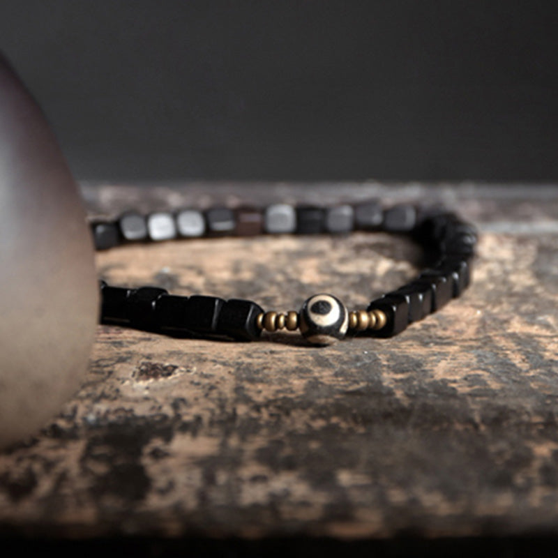 Fortune Jewel Ebony Wood Dzi Bead Copper Peace Couple Bracelet