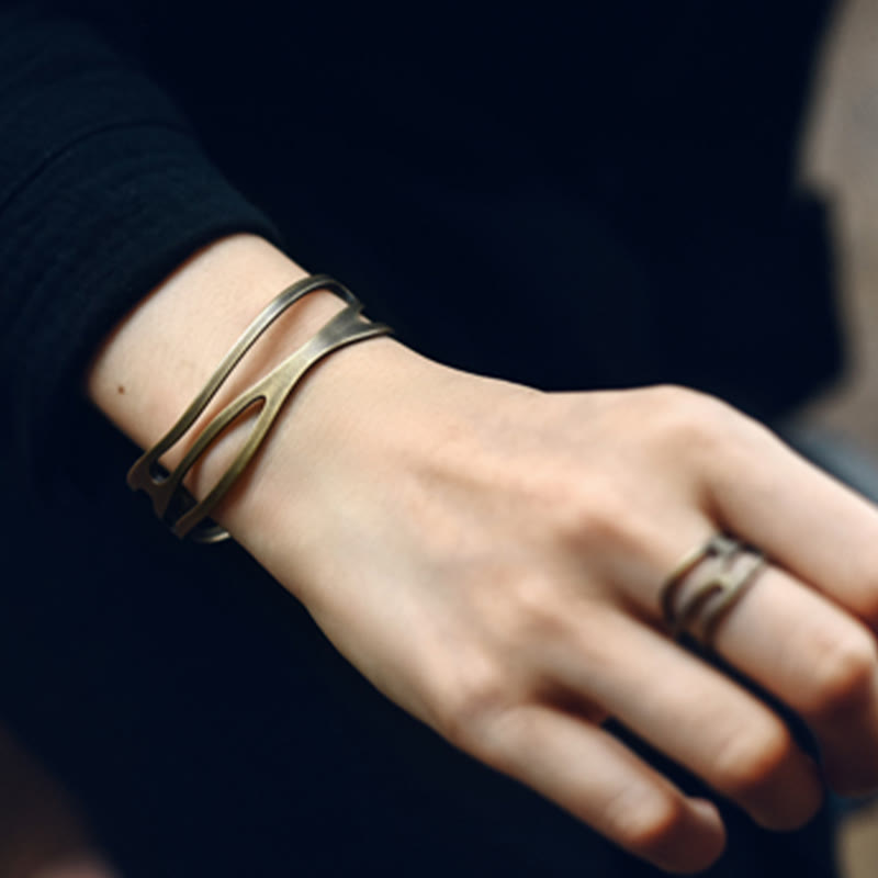 Fortune Jewel Vintage Curved Copper Brass Wealth Adjustable Cuff Bracelet Bangle