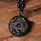 Fortune Jewel Black Obsidian Dragon Phoenix Mandarin Duck Luck Protection Necklace Pendant
