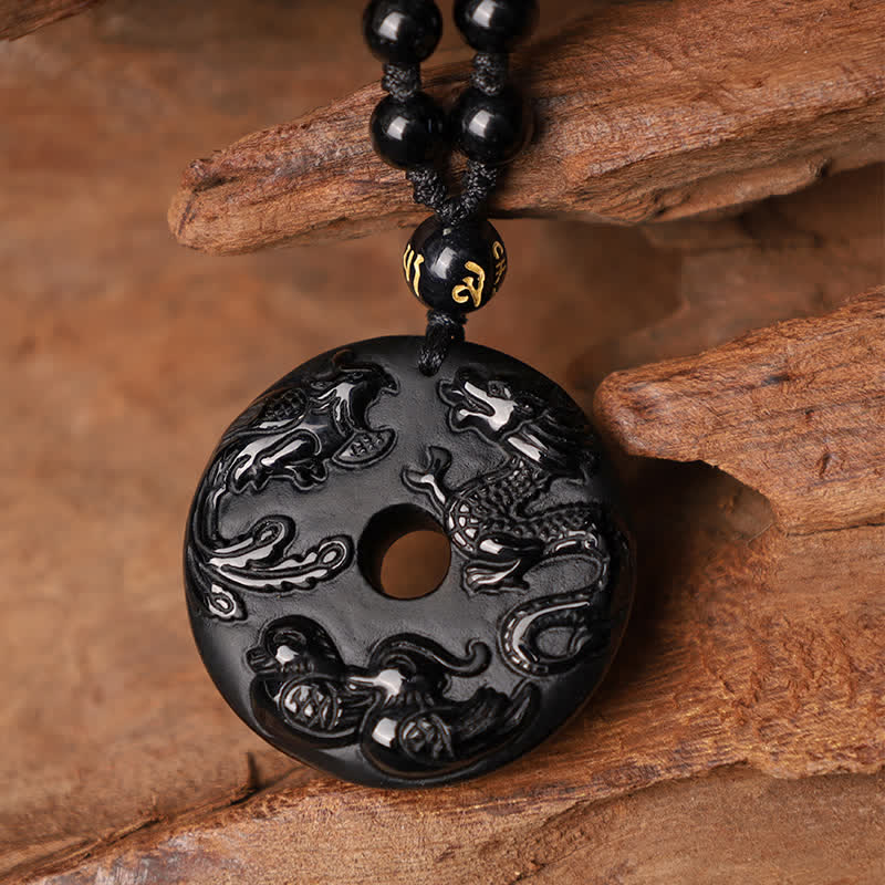 Fortune Jewel Black Obsidian Dragon Phoenix Mandarin Duck Luck Protection Necklace Pendant